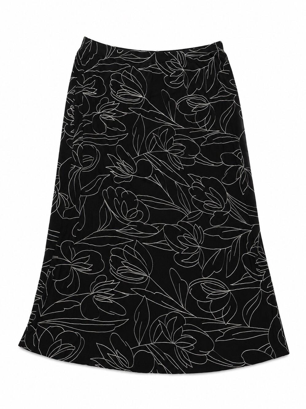 Tanjay Women’s Size XL Black White Floral A-Line Midi Skirt Stretch Pull On